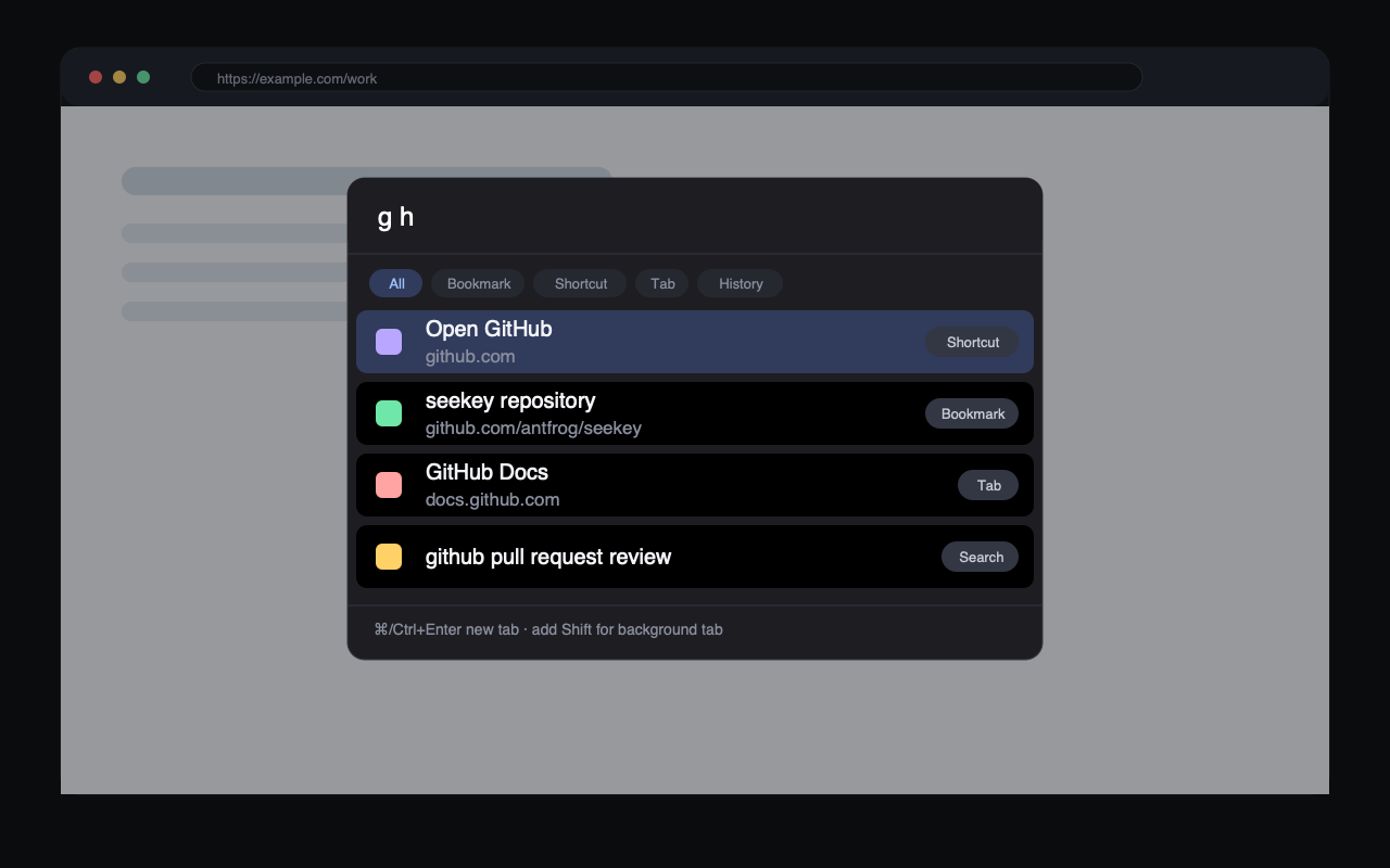 Typing g h in the seekey palette shows the Open GitHub shortcut as the top result